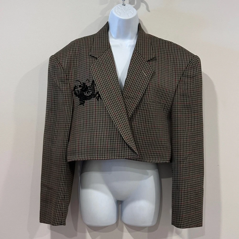 Refashioned Vintage Multicolor Houndstooth Mens Blazer Cropped Oversized OOAK XL